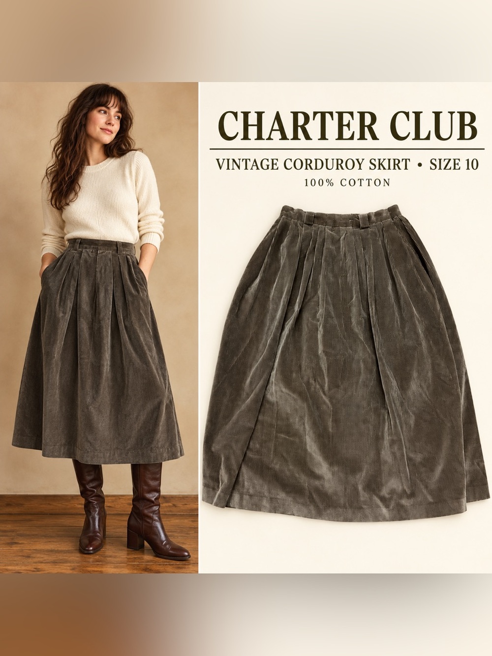 Vintage Charter Club Brown Corduroy Midi Skirt Size 10
